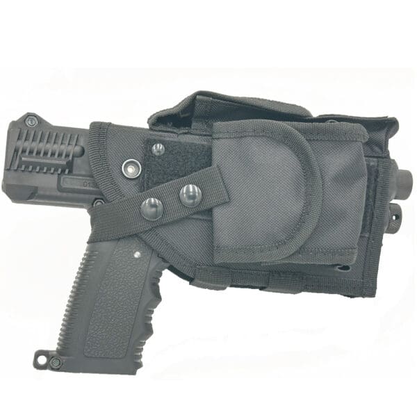 Black pistol holster with straps and buttons.