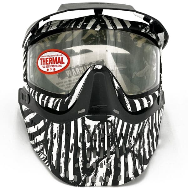 Black and white zebra print paintball mask.