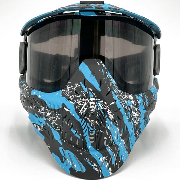 Blue and black paintball mask with goggles.