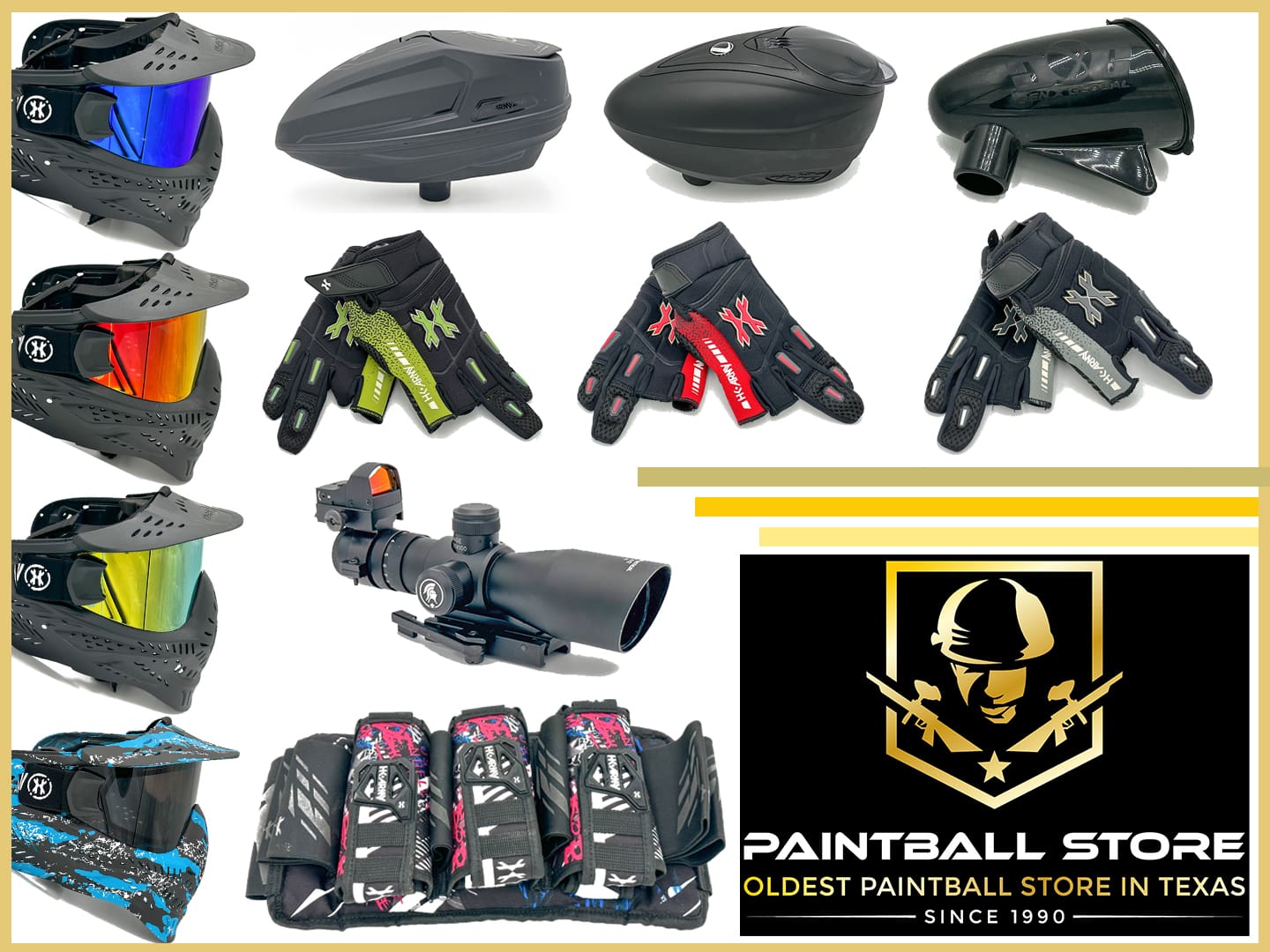 A bunch of different paintball gear and accessories