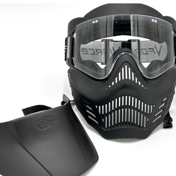 Black paintball mask with clear lens and chin guard.