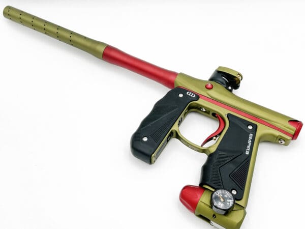 Olive green and red paintball marker.