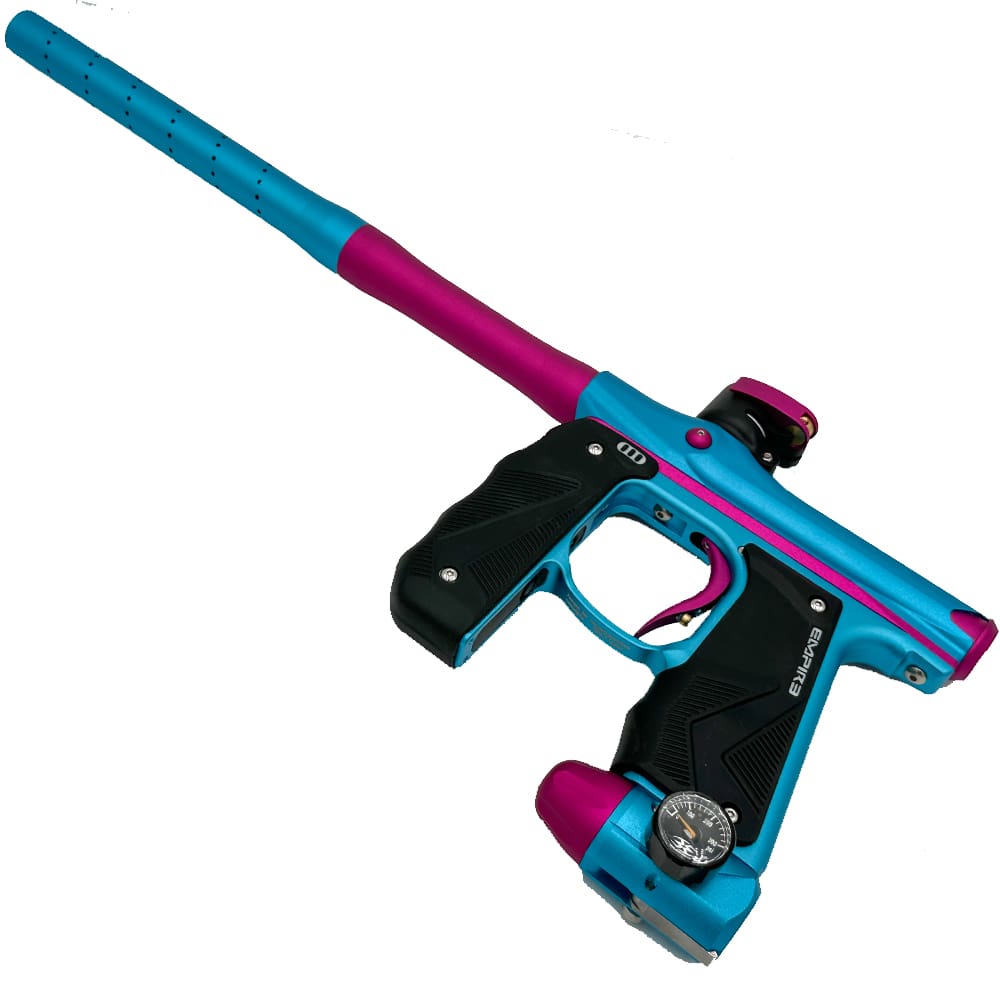 Blue and pink paintball gun with black grip.