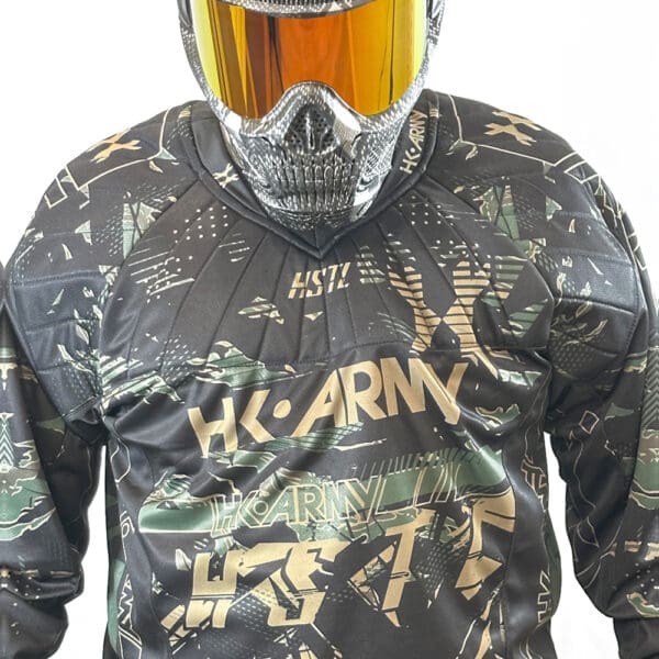 Black camo paintball jersey with gold logo.