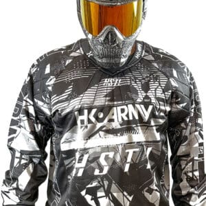 Black and white paintball jersey with mask.