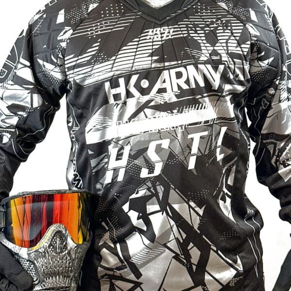 Black and white camo paintball jersey with mask.