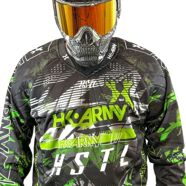 Black and green paintball jersey with mask.