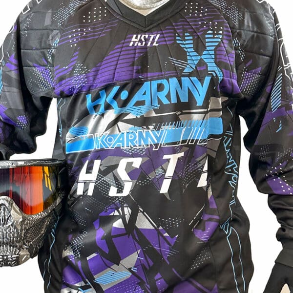 Black and purple paintball jersey with "HK Army" logo.