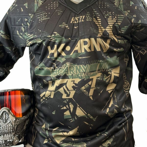 Black and green camouflage jersey with "HK ARMY" logo.