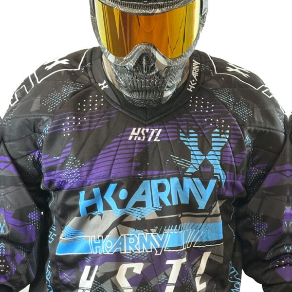 Black and purple paintball jersey with a mask.