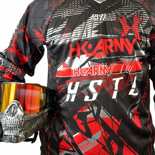 Black and red paintball jersey with mask.