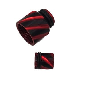 Red and black threaded metal connectors.