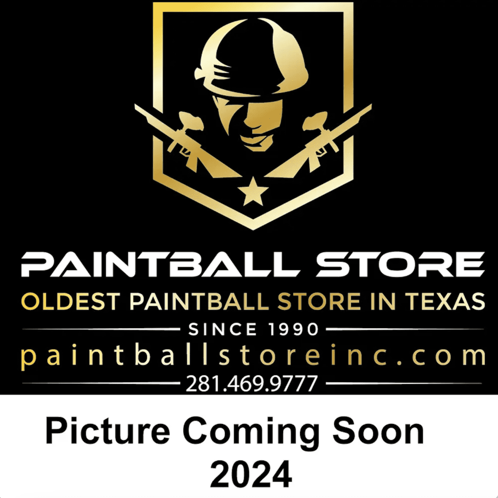 Gold logo, paintball store, coming soon 2024.