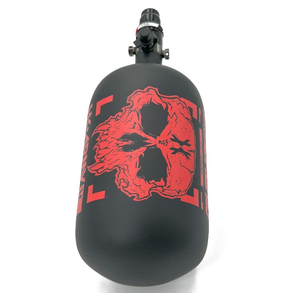 Black paintball tank with red skull design.