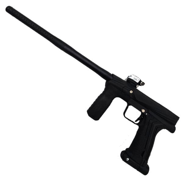 Black paintball marker, angled view.