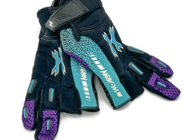 Black, blue, and purple gloves with "HK-Army" logo.