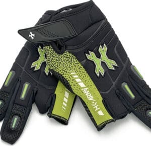 Black and green tactical gloves.