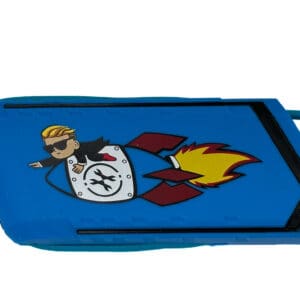 Blue rocket keychain with cartoon man.