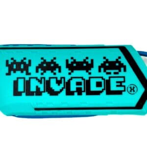 Blue and black 'Invade' keychain with space invaders.