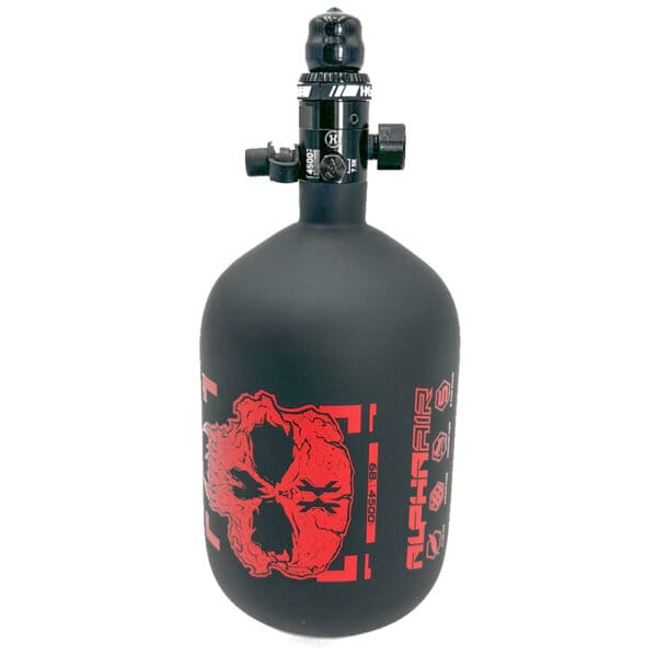 Black paintball tank with red skull design.