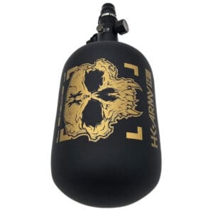 Black paintball tank with gold skull design.