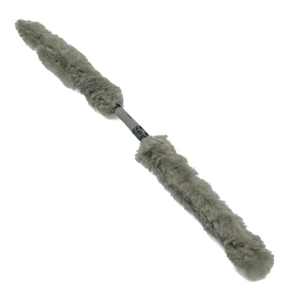 Gray, furry camera lens cleaning brush.