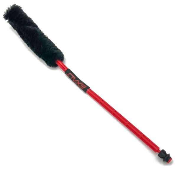 Red and black extended brush with handle.