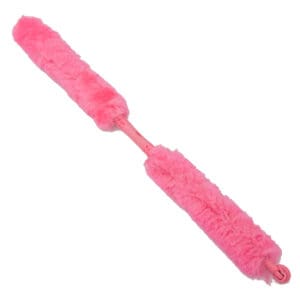 Pink long-handled duster with fluffy head.