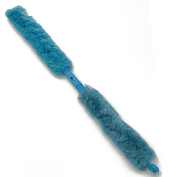 Blue feather duster with plastic handle.