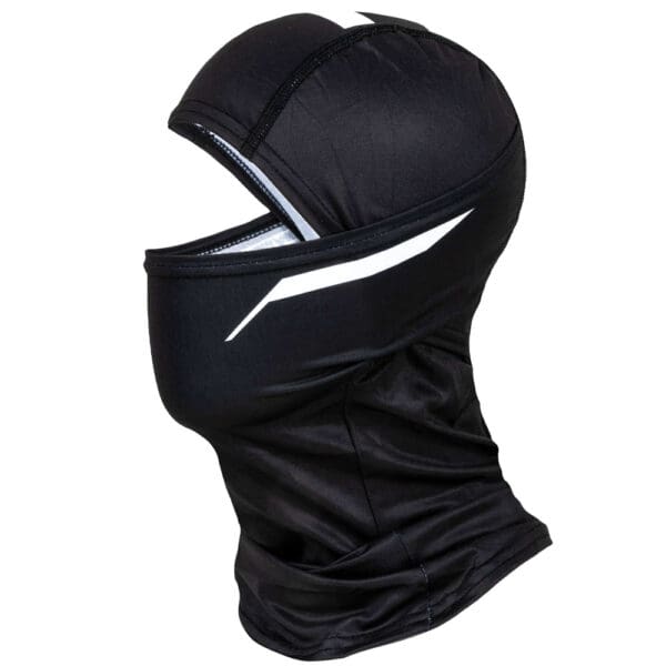 Black balaclava with white stripe.