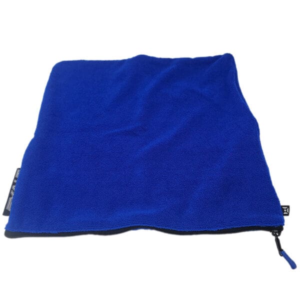 Blue microfiber cleaning cloth in zippered pouch.