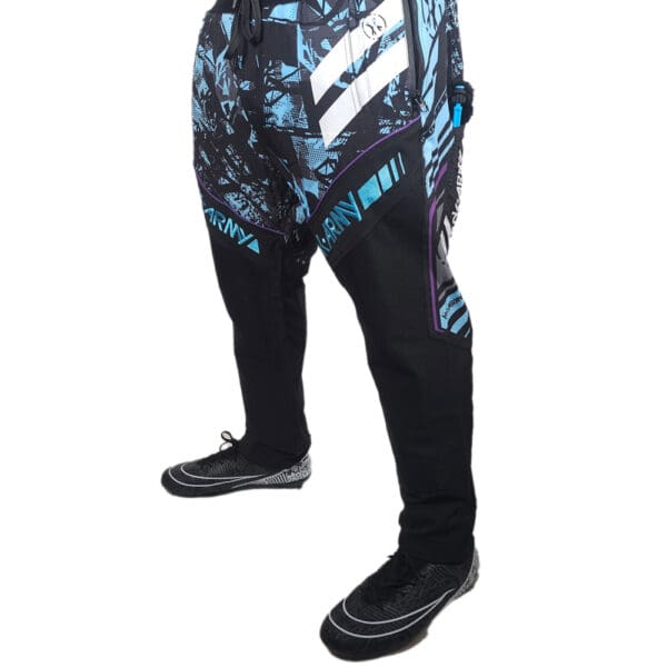 Here's an alt text suggestion: Black and blue paintball pants.