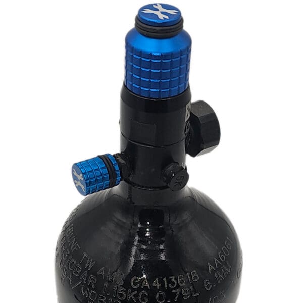 Here's an alt tag for the image: Blue and black paintball tank regulator.