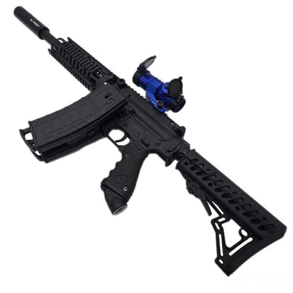 Black paintball marker with red dot sight.