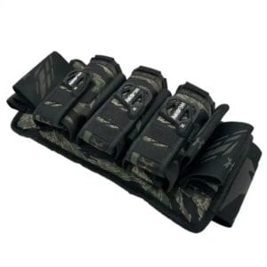 Tactical gear with camouflage pattern and pouches.
