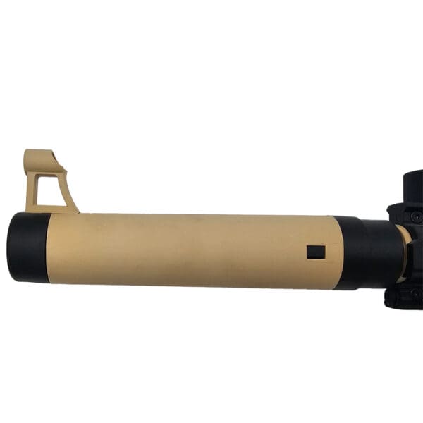 Tan-colored rifle suppressor with sight.