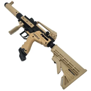 Tan paintball gun with tactical design.