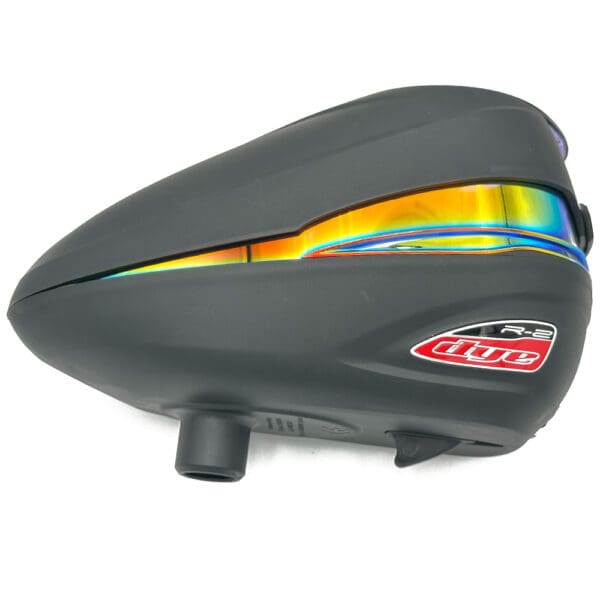 Dye R2 paintball hopper, black with iridescent accents.