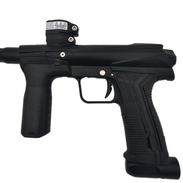 Black paintball gun, side view.