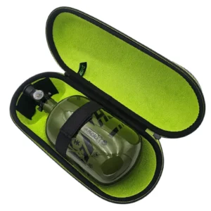 Green air tank in black carrying case.