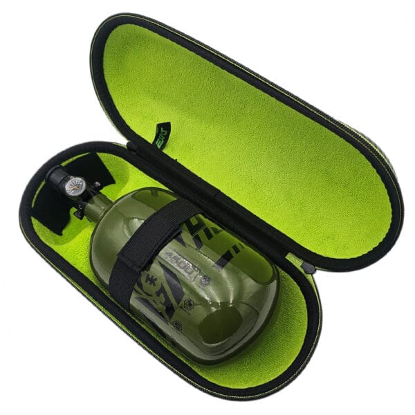 Green paintball tank in lime case.