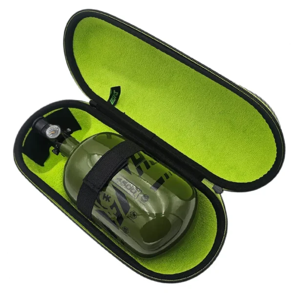 Green air tank in black carrying case.