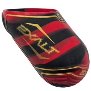 Exalt paintball elbow pad, red black gold.