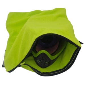 Lime green goggle storage bag with zipper.