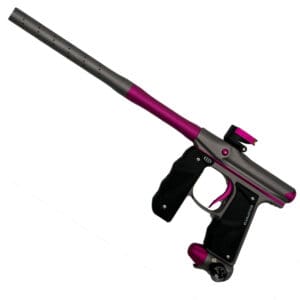 Here's an alt tag for the image: Purple and gray paintball marker.