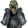 Person wearing paintball gear and elbow pads.