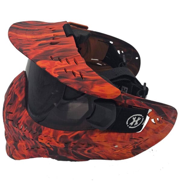 Red and black paintball mask with flames.