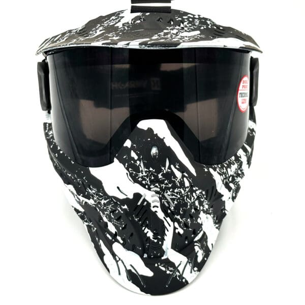 Black and white paintball mask with goggles.