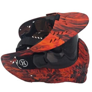 Red and black paintball mask with visor.