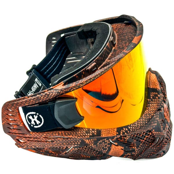 Orange and brown paintball mask with goggles.